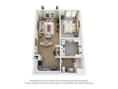 a stylized floor plan with a bedroom and living room